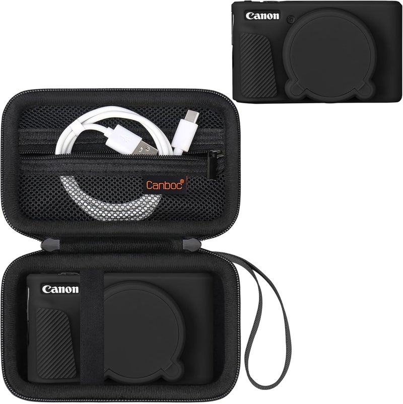 Canboc Case for Canon PowerShot SX740/SX730, Hard Carrying Case + Soft Silicone Protective Cover with Removable Lens Cover, Black - Image 1